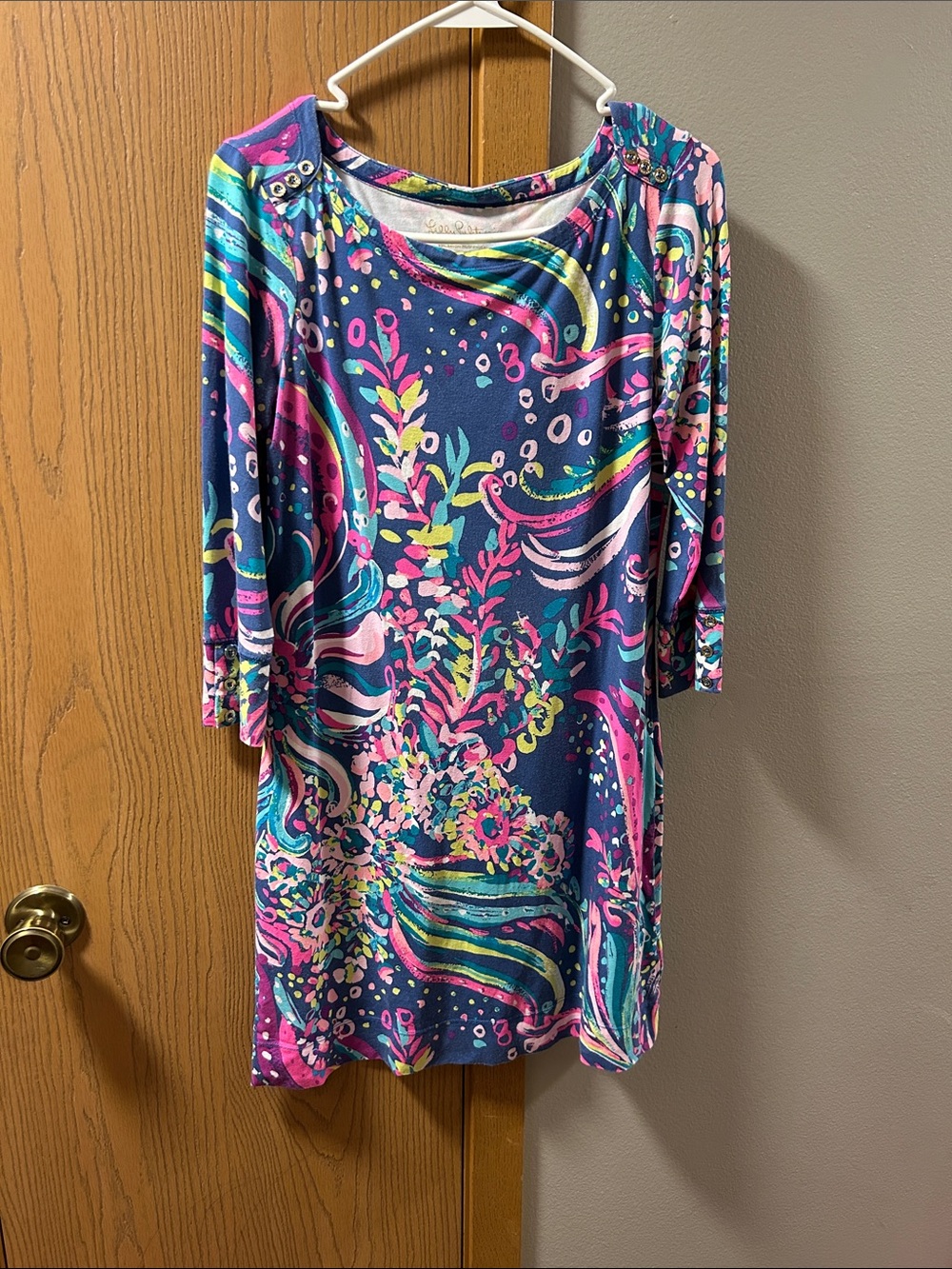 Lilly Pulitzer Navy Floral Swirl Midi Dress with Pink, Turquoise & Yellow